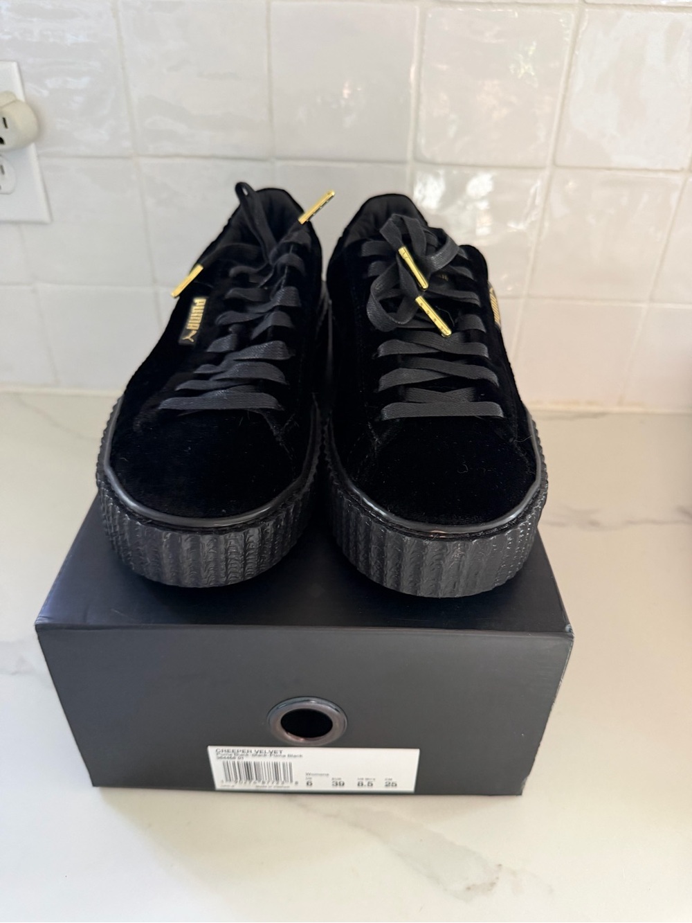 Fenty Puma Black Velvet Creeper Platform Sneakers with Gold Detail